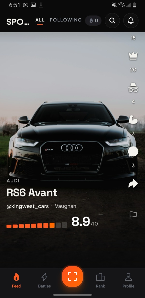 SpotRank feed — an Audi RS6 Avant with a Street Score of 8.9