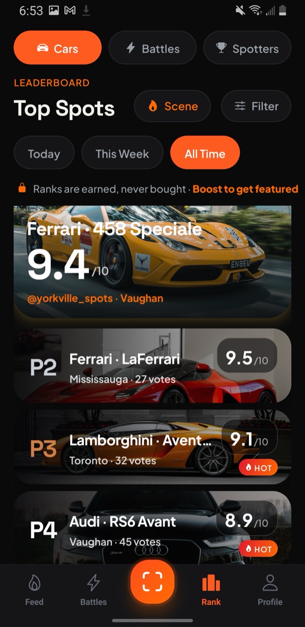 SpotRank leaderboard — the top-scored builds in the city